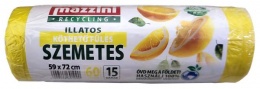 Szemeteszsák, újrahasznosított, köthető füles, illatosított, 60 l, 15 db, 59x72 cm, 13 µ, MAZZINI, citrus illat