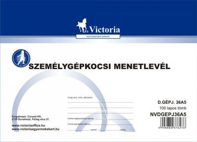 Nyomtatvány, menetlevél, személygépkocsi, 100 lap, A5, fekvő, VICTORIA PAPER, "D.GÉPJ.36." személygépjármű